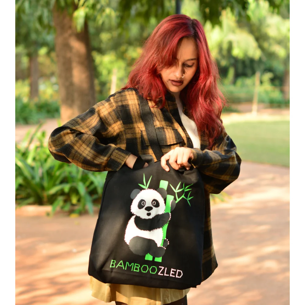 EcoRight Bamboozled Panda Large Zipper Tote Bag (Black) - Image 5