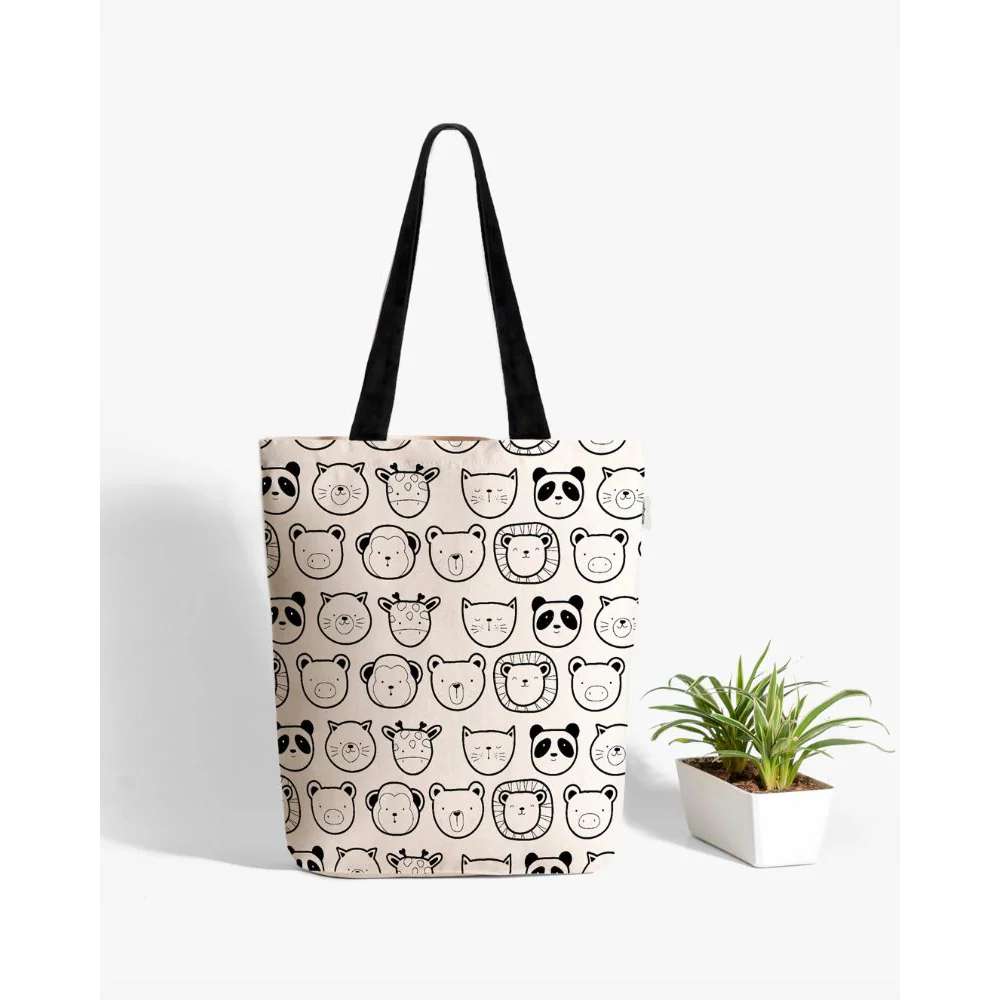 EcoRight Cute Animals Zipper Tote Bag (White)