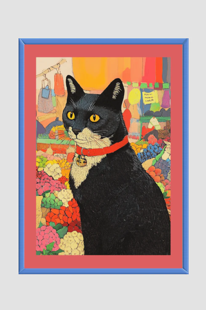 EverythingBoho Cat in Local Market Framed Art (Royal Blue)