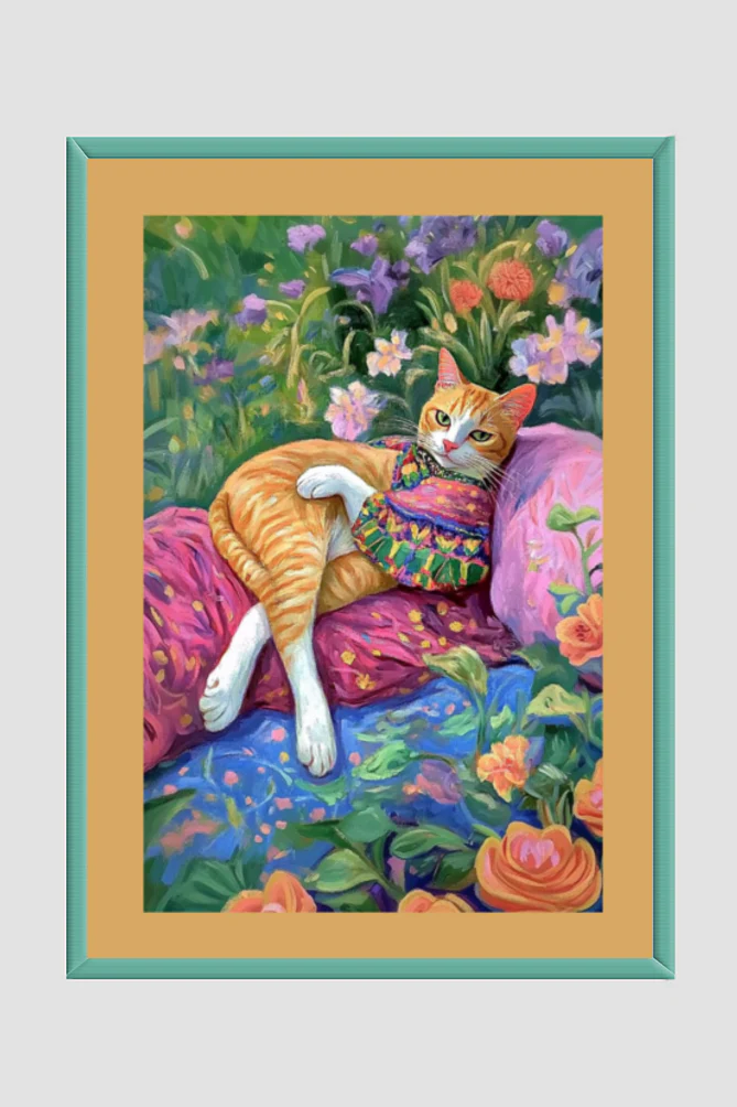 EverythingBoho Miss Cat At Leisure Wall Art (Bottle Green)