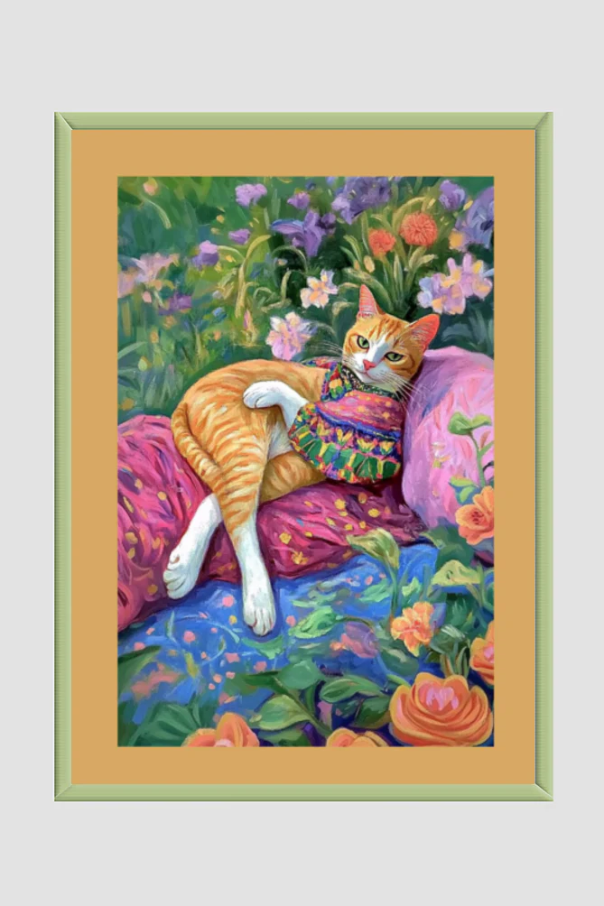 EverythingBoho Miss Cat At Leisure Wall Art (Olive Green)