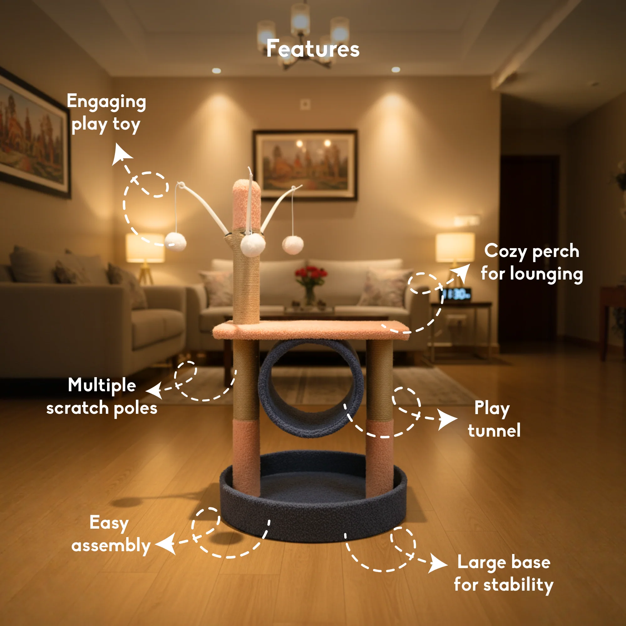 FurryLiving Canyon Multi Level Cat Tree with Tunnel, Toys and Scratching Post for Cats and Kittens - Image 2