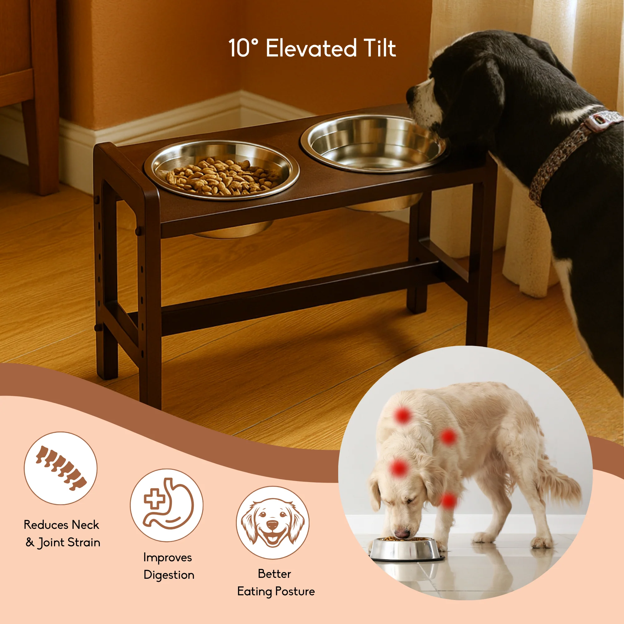 FurryLiving Linea Adjustable Elevated Raised Feeder with 2 Bowls for Dogs and Cats (Dark Brown) - Image 4
