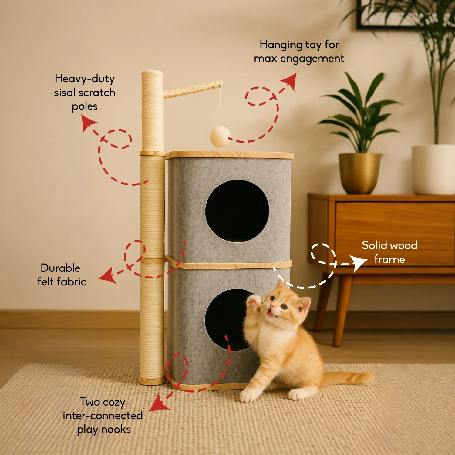 FurryLiving Nara Dual-Level Felt Condo with Scratch Pole & Hanging Toy Cat Tree - Image 3