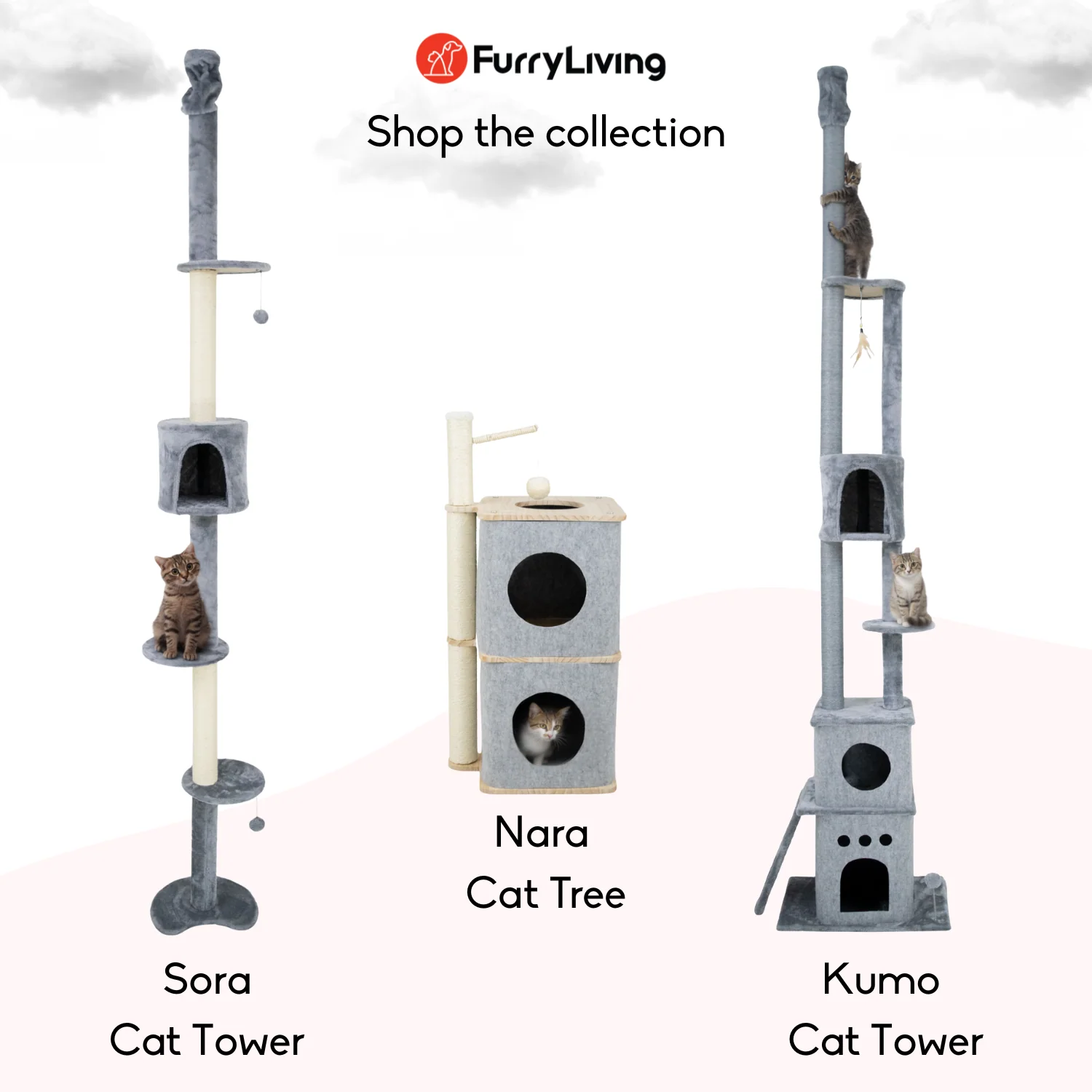 FurryLiving Nara Dual-Level Felt Condo with Scratch Pole & Hanging Toy Cat Tree - Image 4