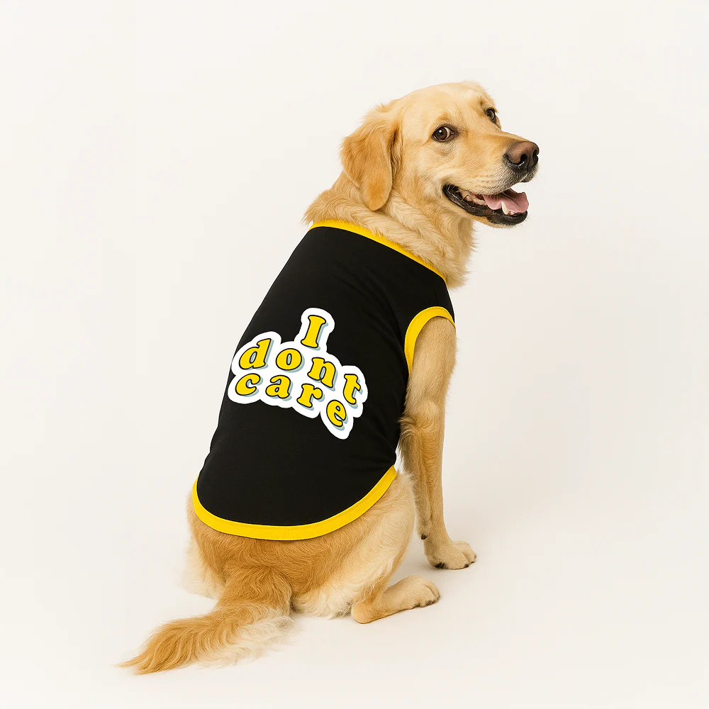 PawsIndia I Don't Care Printed with Ribbed Sleeves TShirt for Dogs (Black)