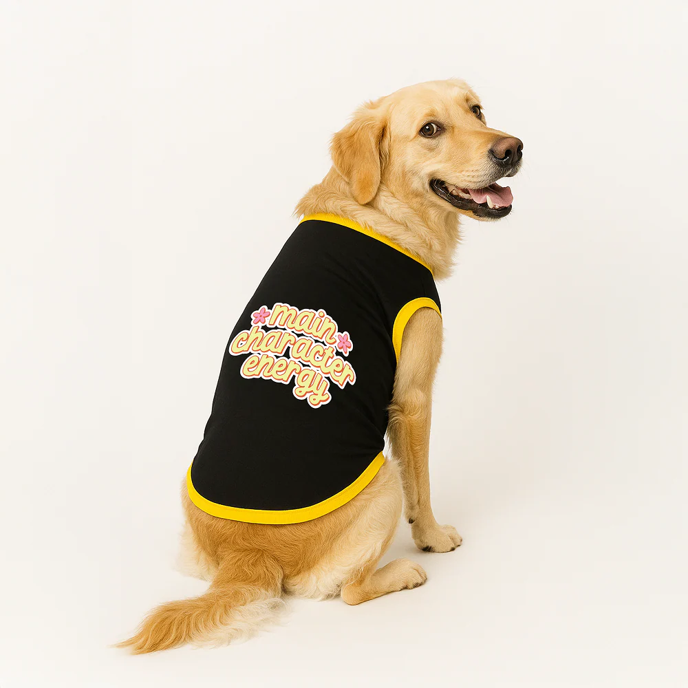 PawsIndia Main Character Energy Printed with Ribbed Sleeves TShirt for Dogs (Black)