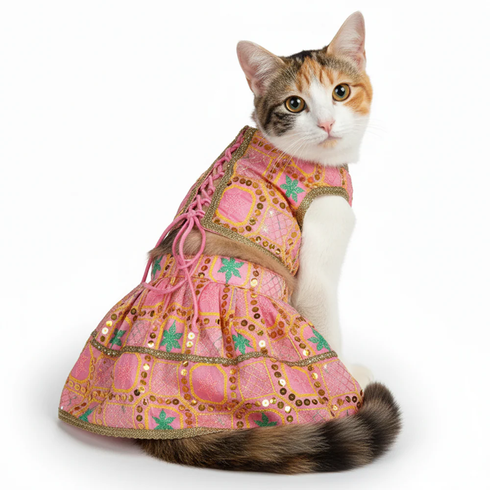 Pawsindia Traditional Desi Diva Lehenga Choli Set for Cats (Pink)