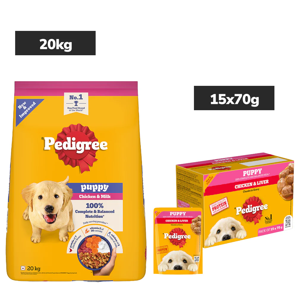 Pedigree Puppy Dog Food Combo |Chicken & Milk Dry & Chicken & Liver Wet