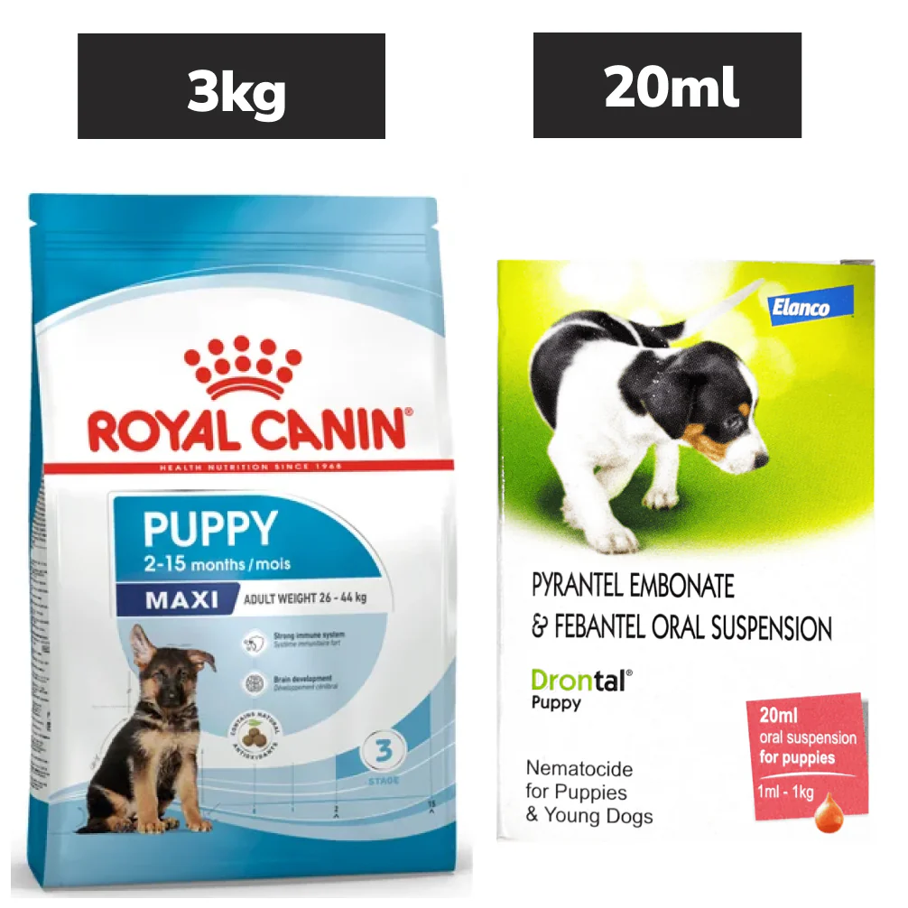 Royal Canin Maxi Puppy Dog Dry Food (4kg) and Bayer Drontal Puppy Deworming Suspension (20mL)