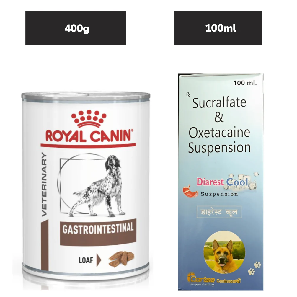 Royal Canin Veterinary Diet Gastrointestinal Dog Wet Food (400g) and Corise Diarest Cool Syrup (Sucralfate & Oxetacaine) (100ml) Combo