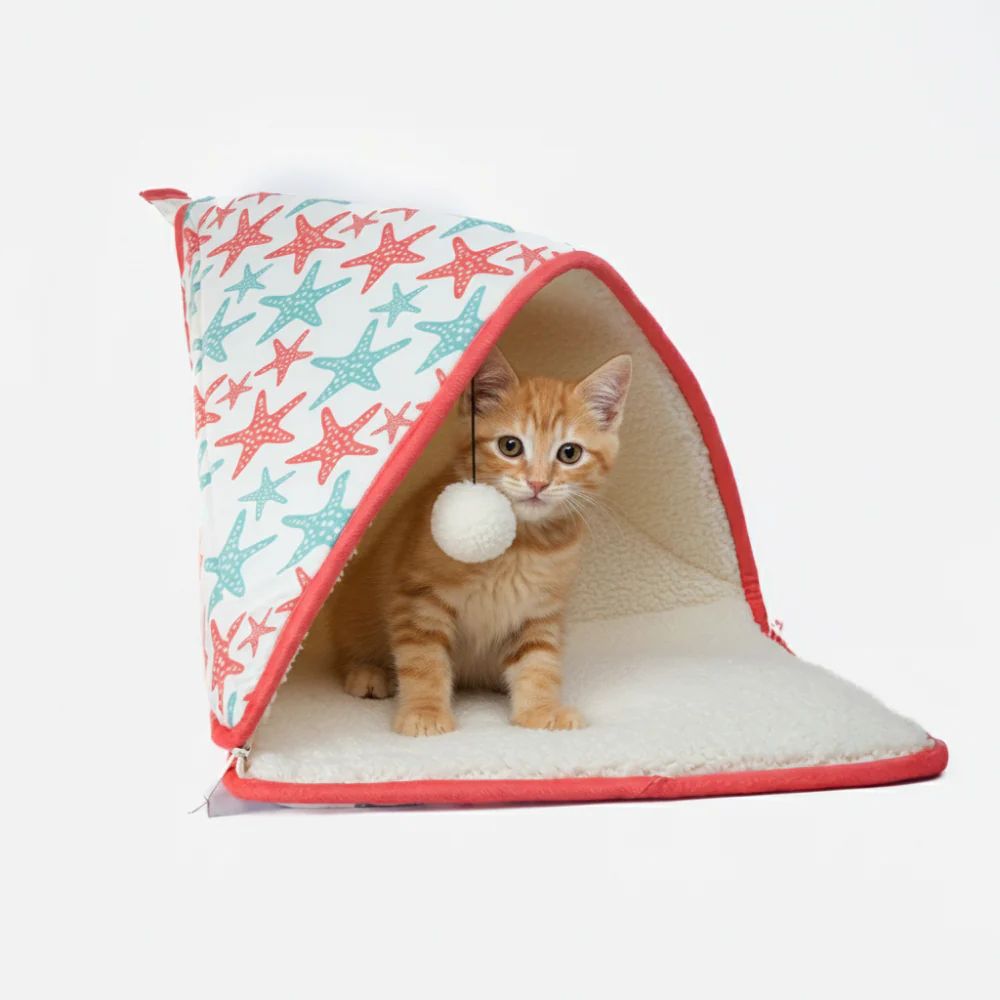 Skatrs Cozy Tent for Cats, Kittens and Small Dogs (Coral Red and Blue)